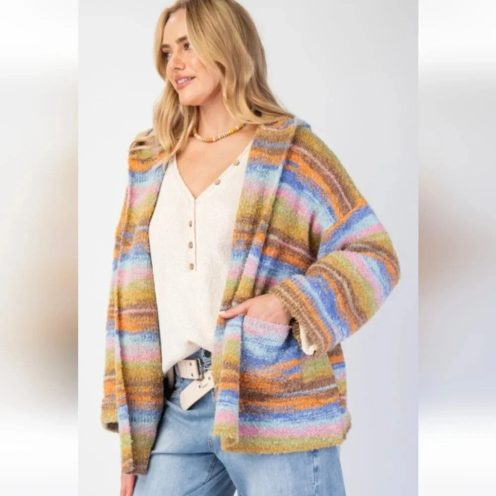 Easel Rainbow Stripe Knit Cozy Soft Cardigan Sweater New - Picture 3 of 5